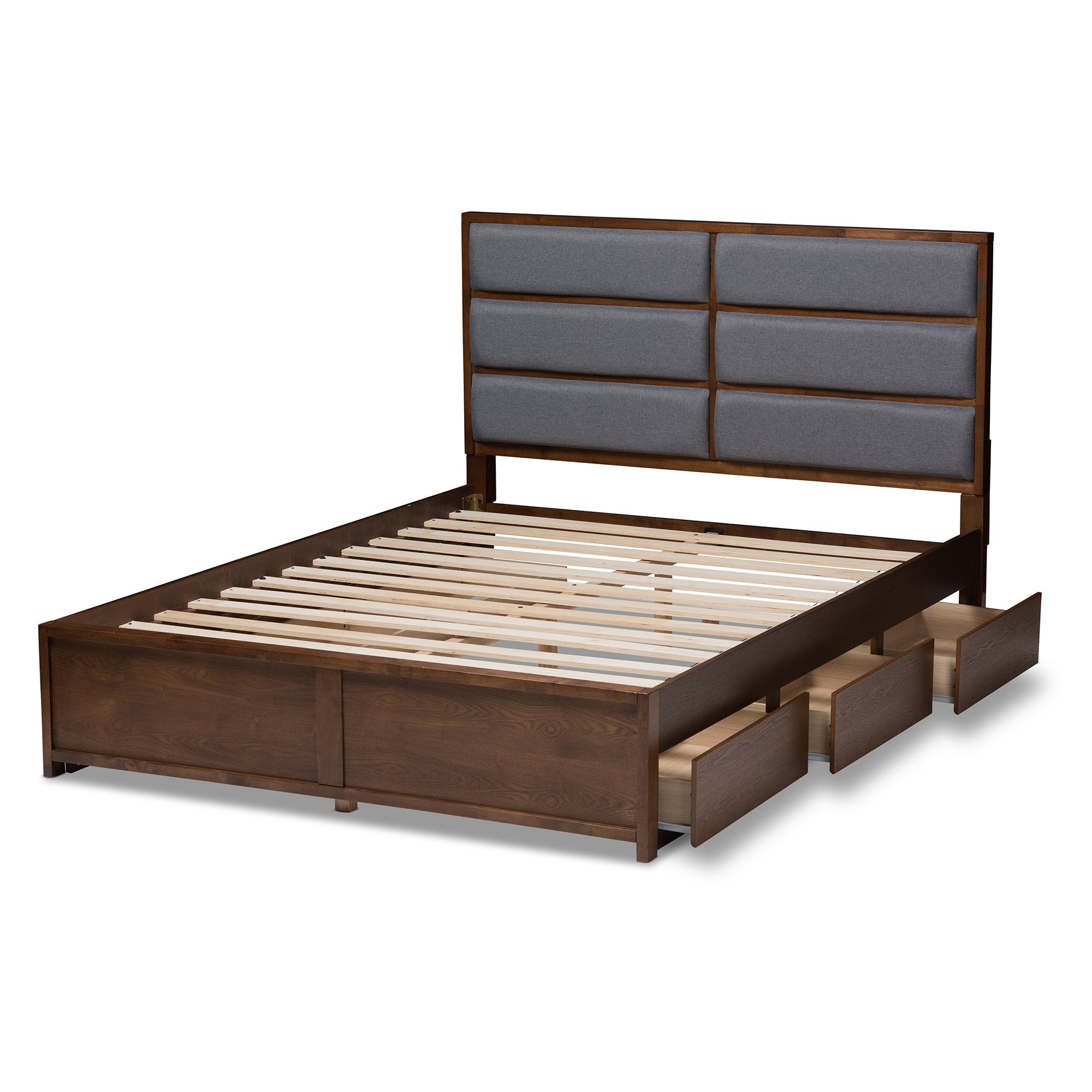 Baxton Studio Macey Modern and Contemporary Dark Grey Fabric Upholstered Walnut Finished King Size Storage Platform Bed