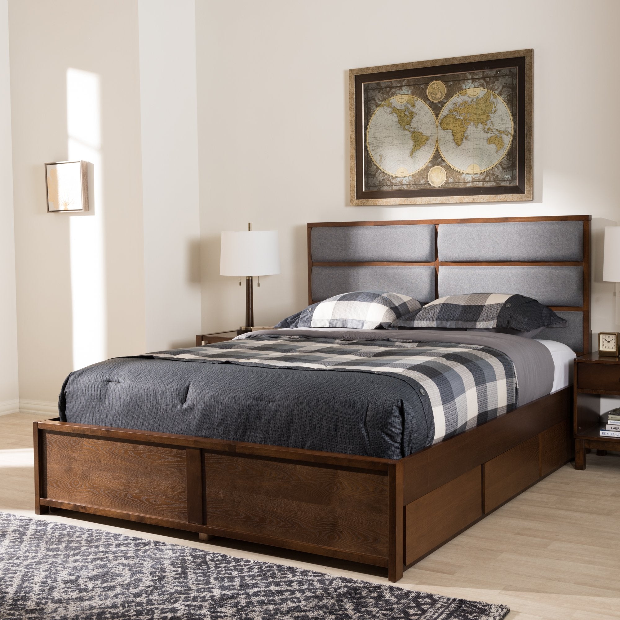 Baxton Studio Macey Modern and Contemporary Dark Grey Fabric Upholstered Walnut Finished King Size Storage Platform Bed