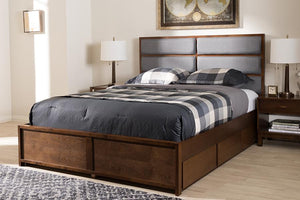 Baxton Studio Macey Modern and Contemporary Dark Grey Fabric Upholstered Walnut Finished Queen Size Storage Platform Bed