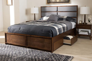 Baxton Studio Macey Modern and Contemporary Dark Grey Fabric Upholstered Walnut Finished Queen Size Storage Platform Bed