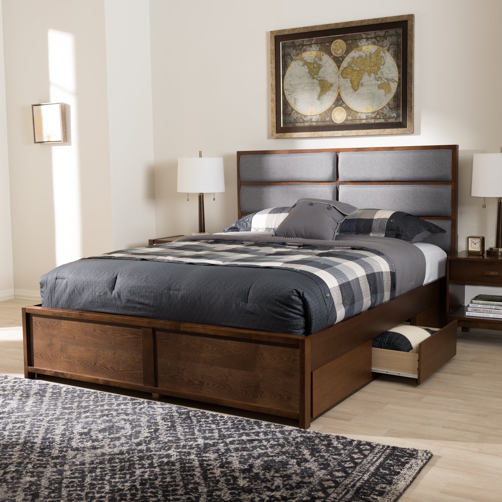 Baxton Studio Macey Modern and Contemporary Dark Grey Fabric Upholstered Walnut Finished Queen Size Storage Platform Bed