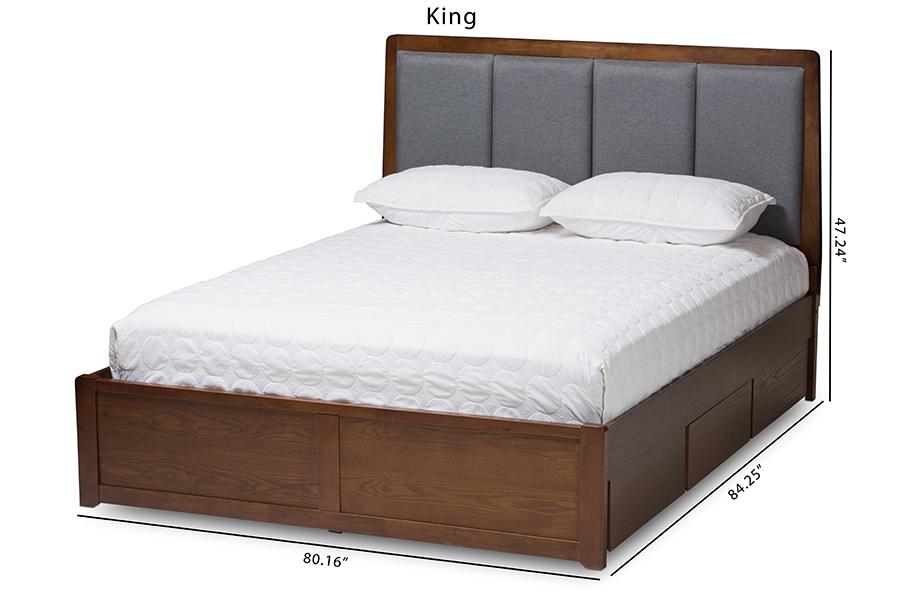 Baxton Studio Brannigan Modern and Contemporary Dark Grey Fabric Upholstered Walnut Finished King Size Storage Platform Bed