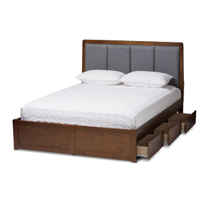 Baxton Studio Brannigan Modern and Contemporary Dark Grey Fabric Upholstered Walnut Finished Queen Size Storage Platform Bed