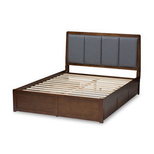 Baxton Studio Brannigan Modern and Contemporary Dark Grey Fabric Upholstered Walnut Finished Queen Size Storage Platform Bed