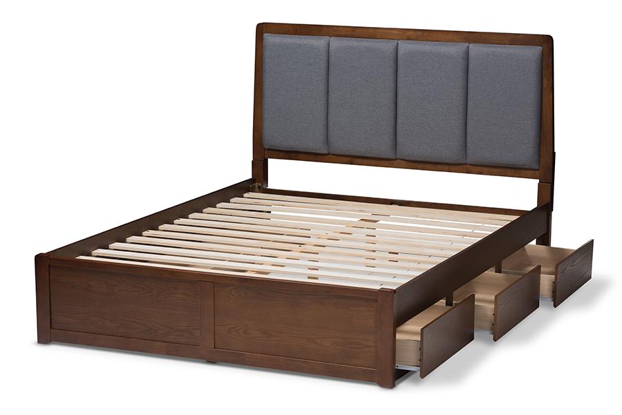 Baxton Studio Brannigan Modern and Contemporary Dark Grey Fabric Upholstered Walnut Finished Queen Size Storage Platform Bed