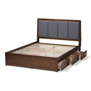 Baxton Studio Brannigan Modern and Contemporary Dark Grey Fabric Upholstered Walnut Finished Queen Size Storage Platform Bed