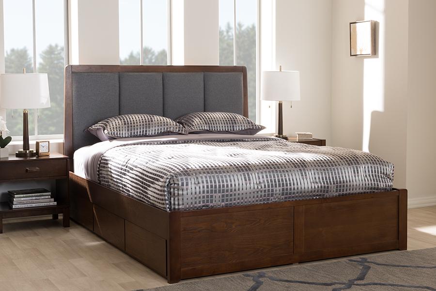 Baxton Studio Brannigan Modern and Contemporary Dark Grey Fabric Upholstered Walnut Finished Queen Size Storage Platform Bed