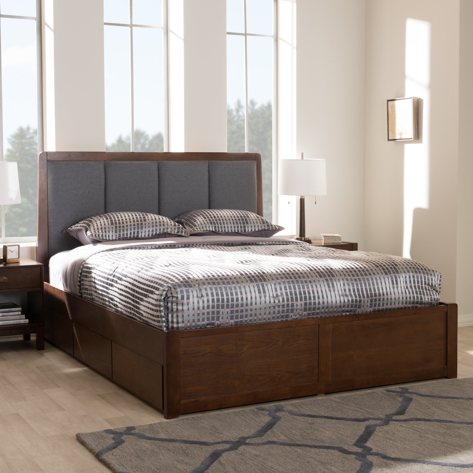 Baxton Studio Brannigan Modern and Contemporary Dark Grey Fabric Upholstered Walnut Finished Queen Size Storage Platform Bed