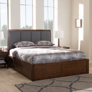 Baxton Studio Brannigan Modern and Contemporary Dark Grey Fabric Upholstered Walnut Finished Queen Size Storage Platform Bed