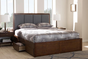 Baxton Studio Brannigan Modern and Contemporary Dark Grey Fabric Upholstered Walnut Finished Queen Size Storage Platform Bed