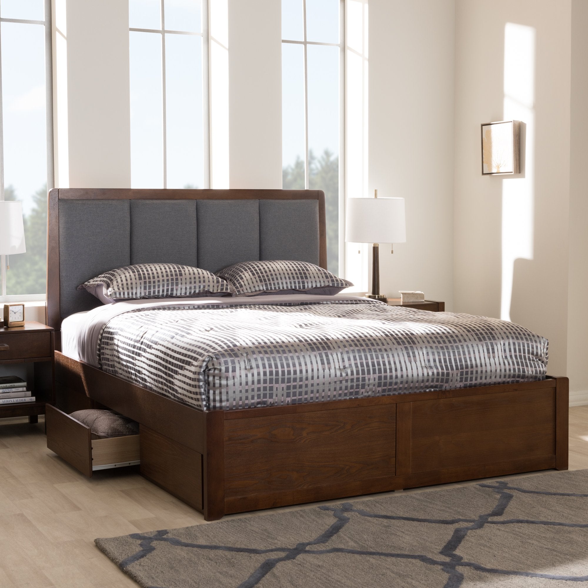 Baxton Studio Brannigan Modern and Contemporary Dark Grey Fabric Upholstered Walnut Finished Queen Size Storage Platform Bed