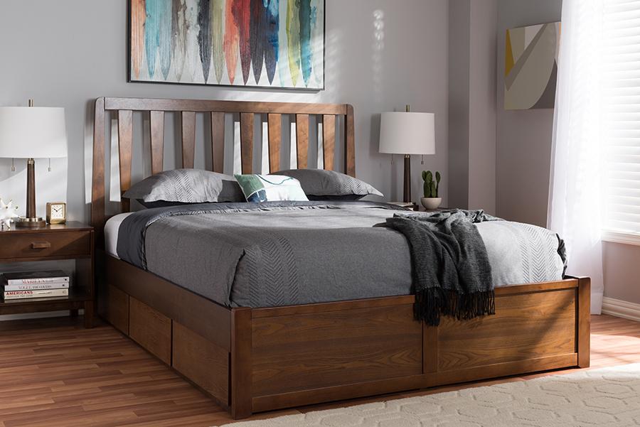 Baxton Studio Raurey Modern and Contemporary Walnut Finished Queen Size Storage Platform Bed