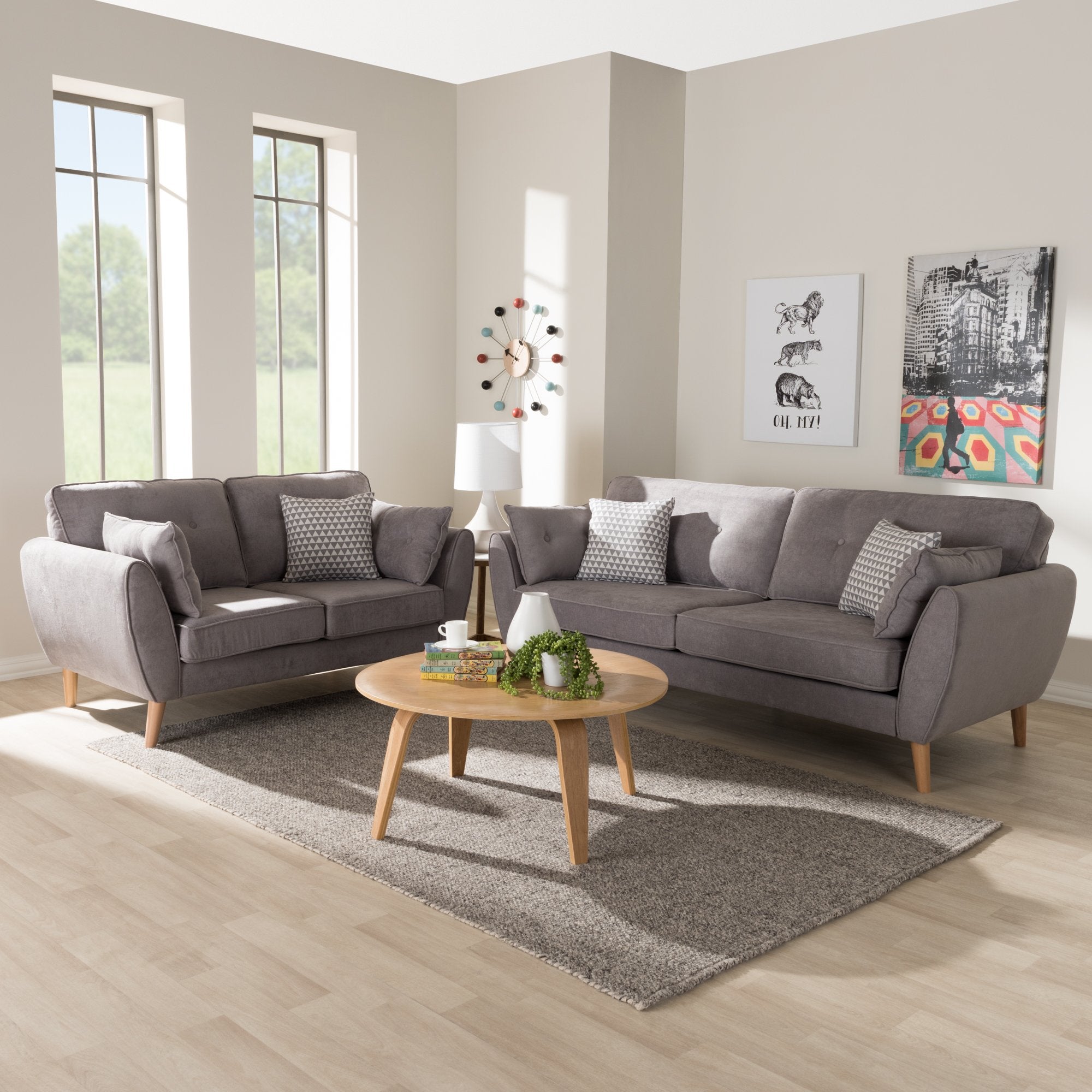 Baxton Studio Miranda Mid-Century Modern Light Grey Fabric Upholstered 2-Piece Living Room Set