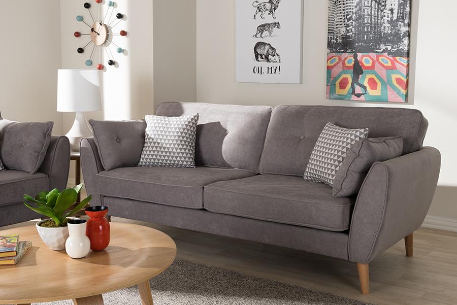 Baxton Studio Miranda Mid-Century Modern Light Grey Fabric Upholstered Sofa