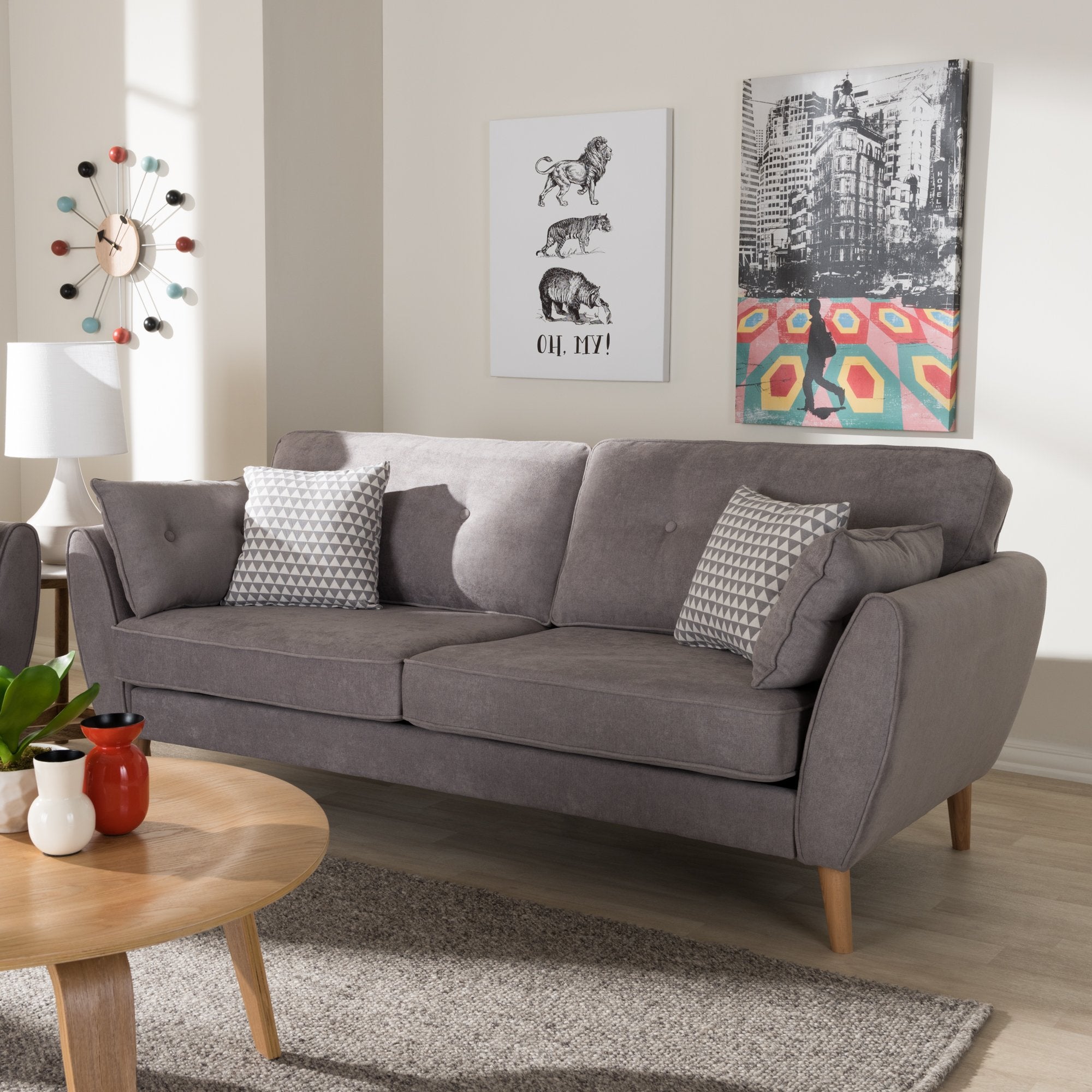 Baxton Studio Miranda Mid-Century Modern Light Grey Fabric Upholstered Sofa