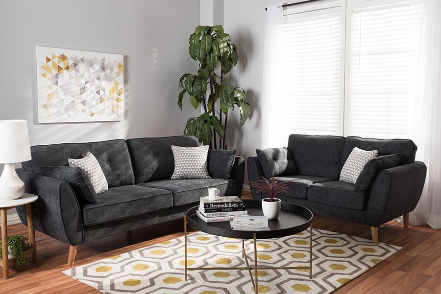 Baxton Studio Miranda Mid-Century Modern Dark Grey Fabric Upholstered 2-Piece Living Room Set