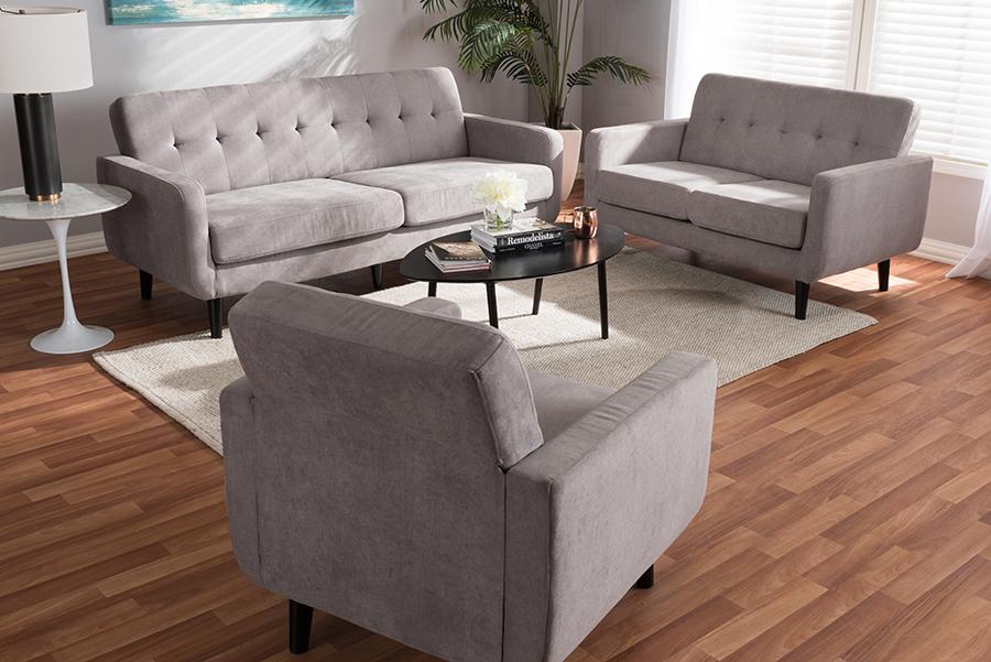 Baxton Studio Carina Mid-Century Modern Light Grey Fabric Upholstered 3-Piece Living Room Set