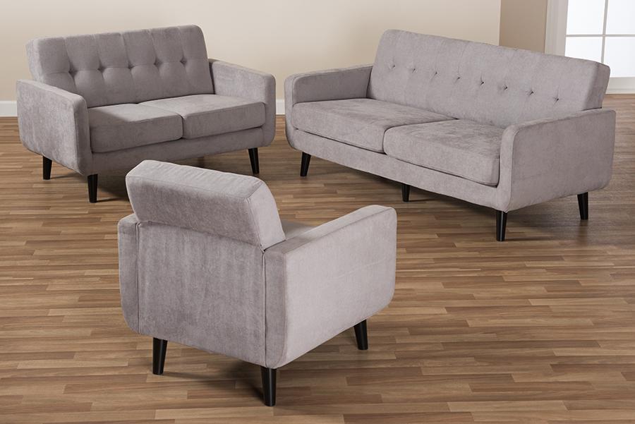 Baxton Studio Carina Mid-Century Modern Light Grey Fabric Upholstered 3-Piece Living Room Set