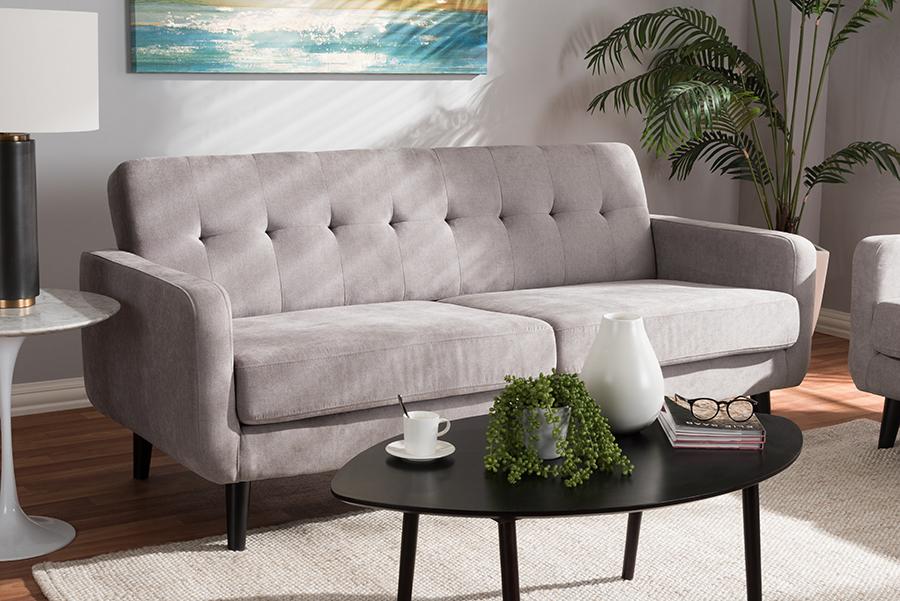 Baxton Studio Carina Mid-Century Modern Light Grey Fabric Upholstered Sofa