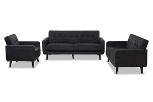 Baxton Studio Carina Mid-Century Modern Dark Grey Fabric Upholstered 3-Piece Living Room Set