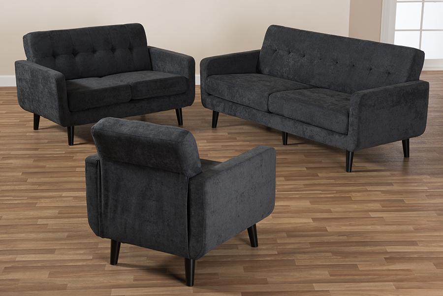 Baxton Studio Carina Mid-Century Modern Dark Grey Fabric Upholstered 3-Piece Living Room Set