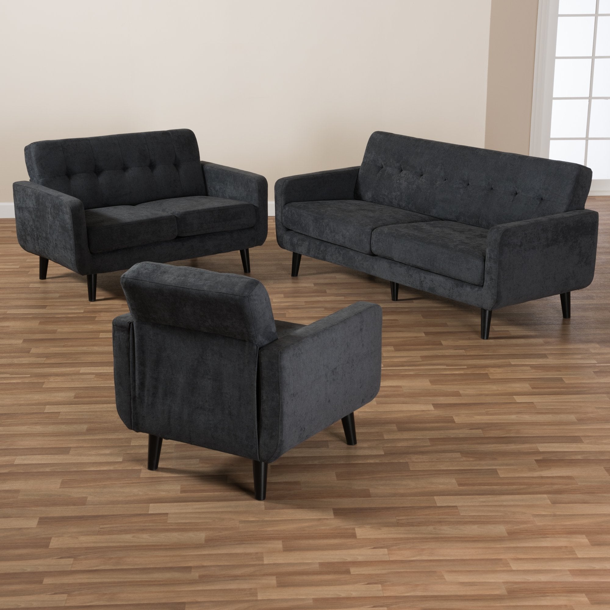 Baxton Studio Carina Mid-Century Modern Dark Grey Fabric Upholstered 3-Piece Living Room Set