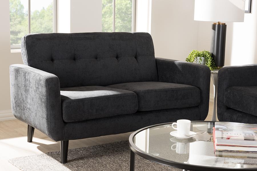 Baxton Studio Carina Mid-Century Modern Dark Grey Fabric Upholstered Loveseat