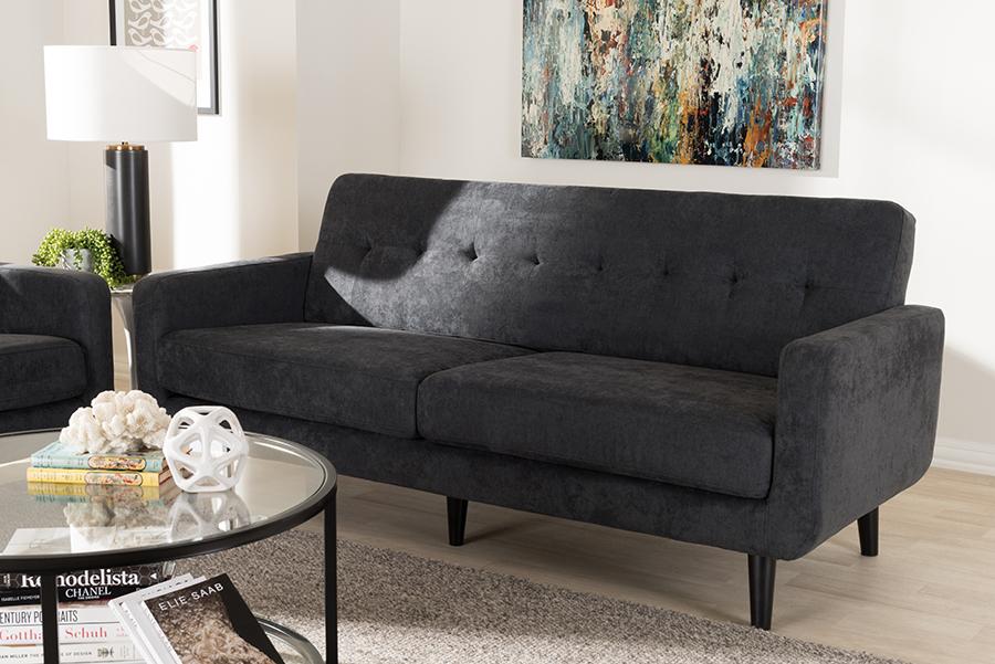 Baxton Studio Carina Mid-Century Modern Dark Grey Fabric Upholstered Sofa