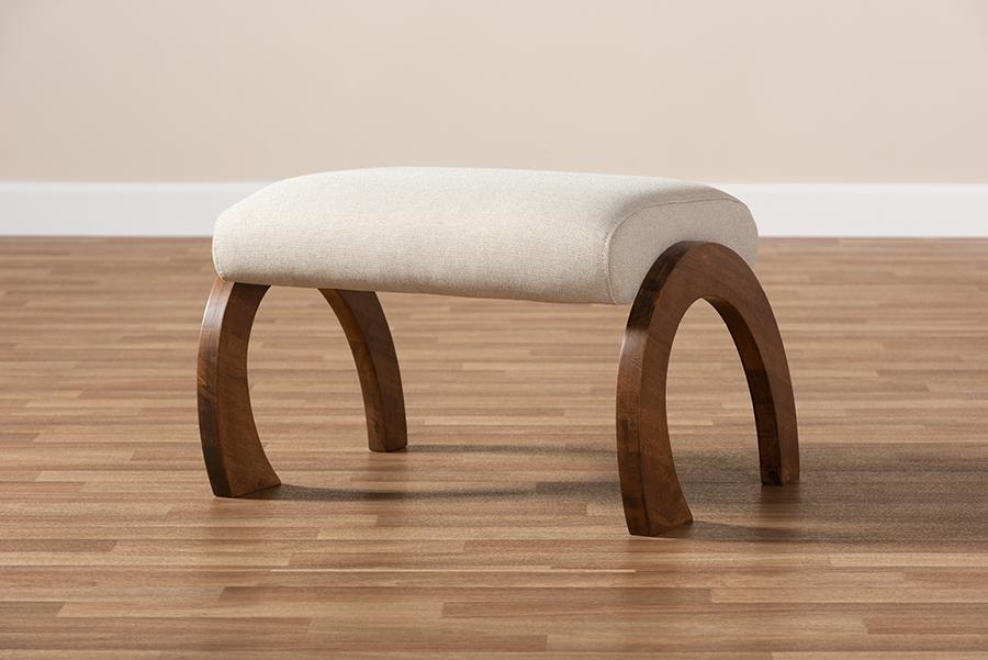 Baxton Studio Sandrine Modern and Contemporary Light Beige Fabric Upholstered Walnut Brown Finished Wood Ottoman