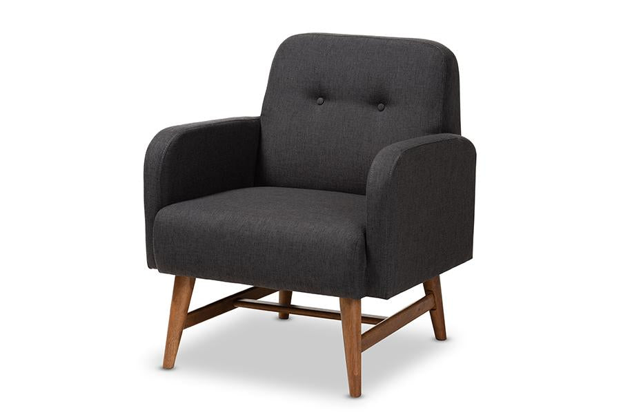 Baxton Studio Perrine Mid-Century Modern Dark Grey Fabric Upholstered Walnut-Finished Wood Lounge Chair