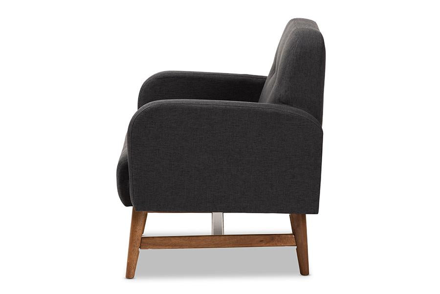 Baxton Studio Perrine Mid-Century Modern Dark Grey Fabric Upholstered Walnut-Finished Wood Lounge Chair