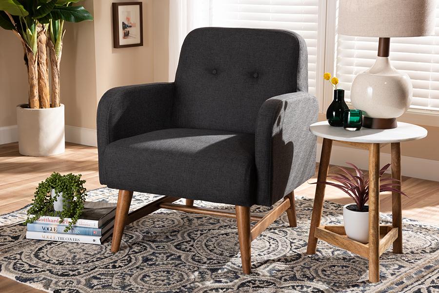 Baxton Studio Perrine Mid-Century Modern Dark Grey Fabric Upholstered Walnut-Finished Wood Lounge Chair