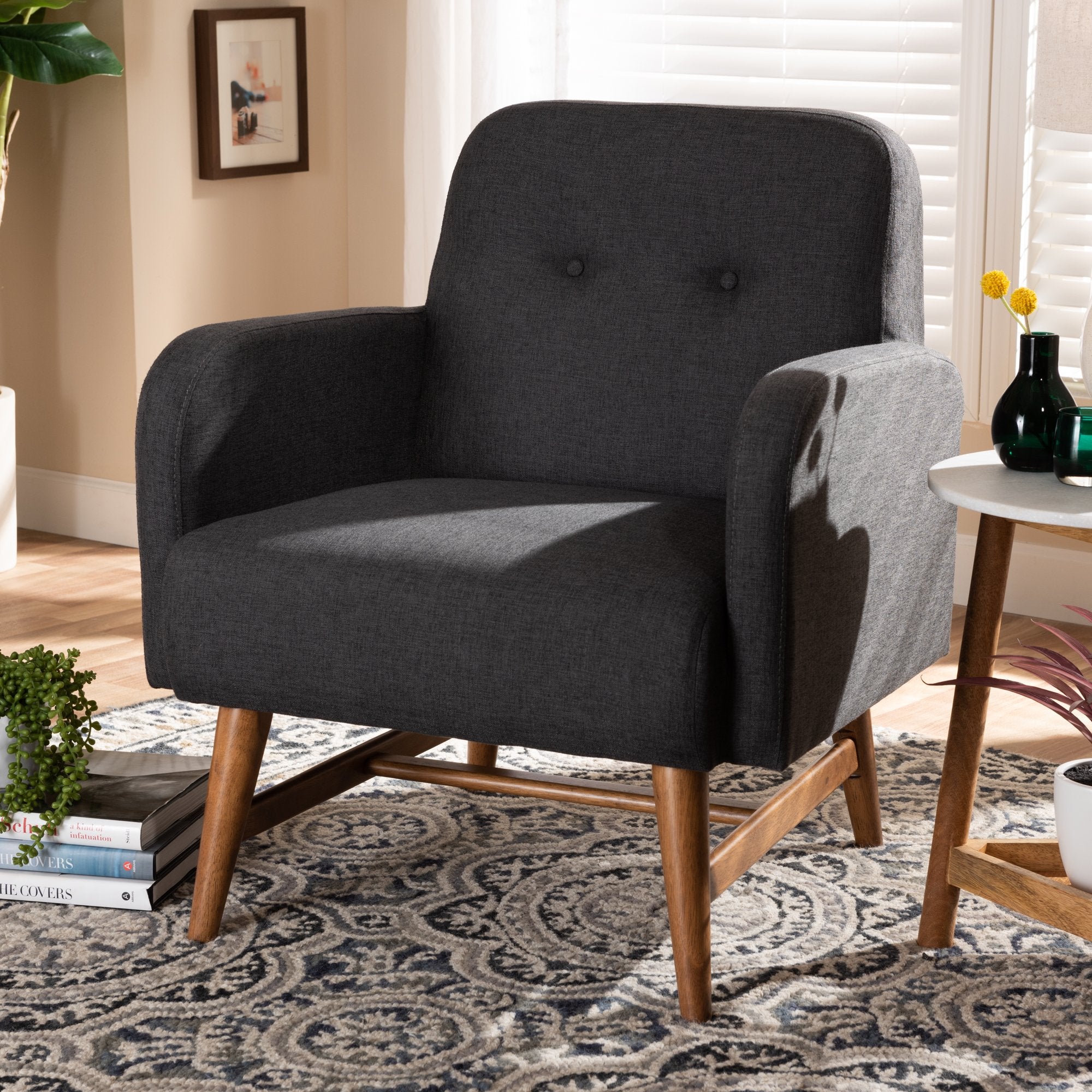 Baxton Studio Perrine Mid-Century Modern Dark Grey Fabric Upholstered Walnut-Finished Wood Lounge Chair