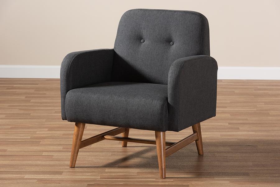 Baxton Studio Perrine Mid-Century Modern Dark Grey Fabric Upholstered Walnut-Finished Wood Lounge Chair