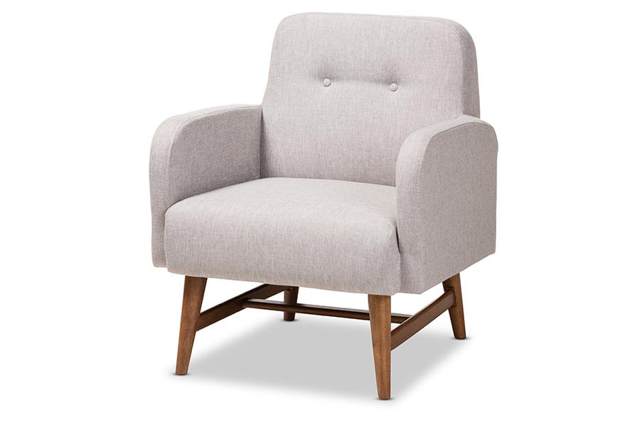 Baxton Studio Perrine Mid-Century Modern Greyish Beige Fabric Upholstered Walnut-Finished Wood Lounge Chair