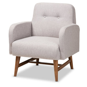 Baxton Studio Perrine Mid-Century Modern Greyish Beige Fabric Upholstered Walnut-Finished Wood Lounge Chair