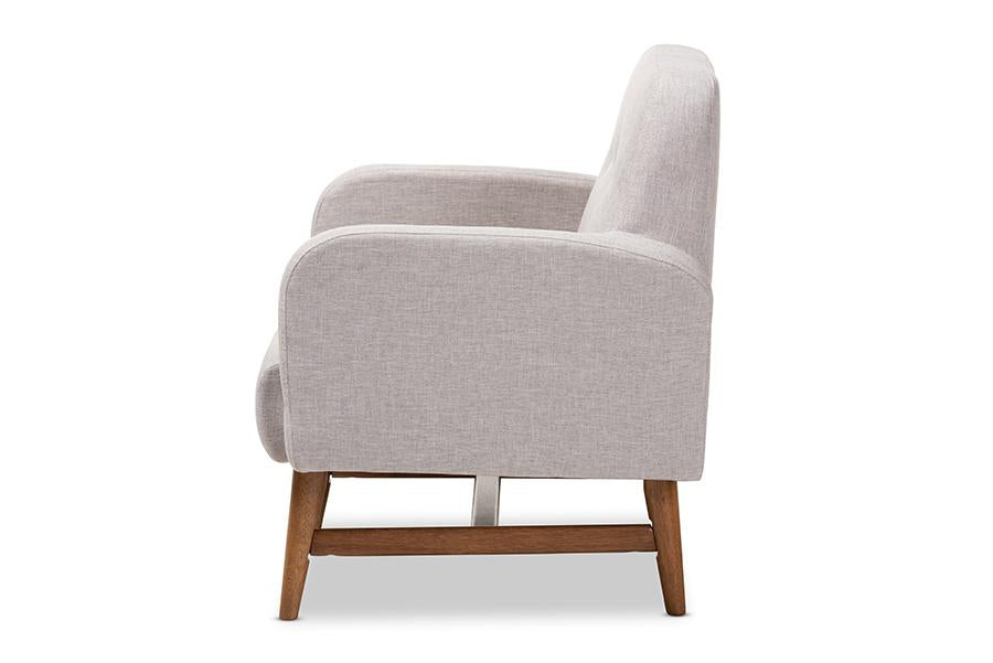 Baxton Studio Perrine Mid-Century Modern Greyish Beige Fabric Upholstered Walnut-Finished Wood Lounge Chair