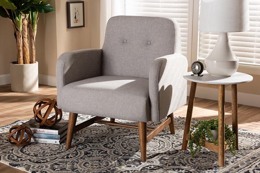 Baxton Studio Perrine Mid-Century Modern Greyish Beige Fabric Upholstered Walnut-Finished Wood Lounge Chair