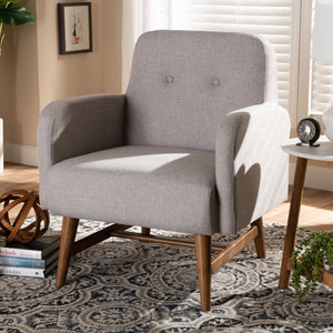 Baxton Studio Perrine Mid-Century Modern Greyish Beige Fabric Upholstered Walnut-Finished Wood Lounge Chair