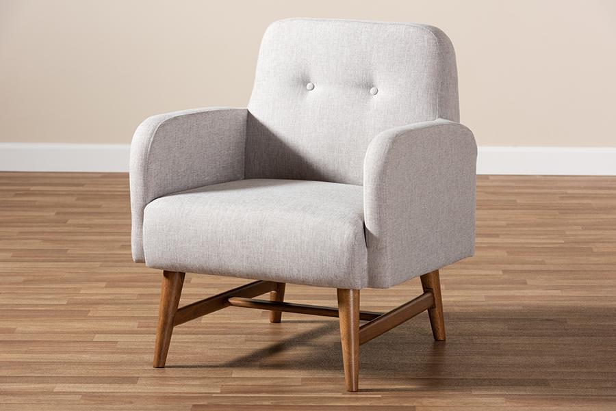 Baxton Studio Perrine Mid-Century Modern Greyish Beige Fabric Upholstered Walnut-Finished Wood Lounge Chair