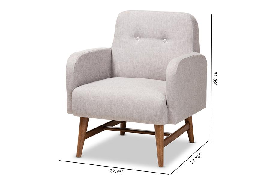 Baxton Studio Perrine Mid-Century Modern Greyish Beige Fabric Upholstered Walnut-Finished Wood Lounge Chair