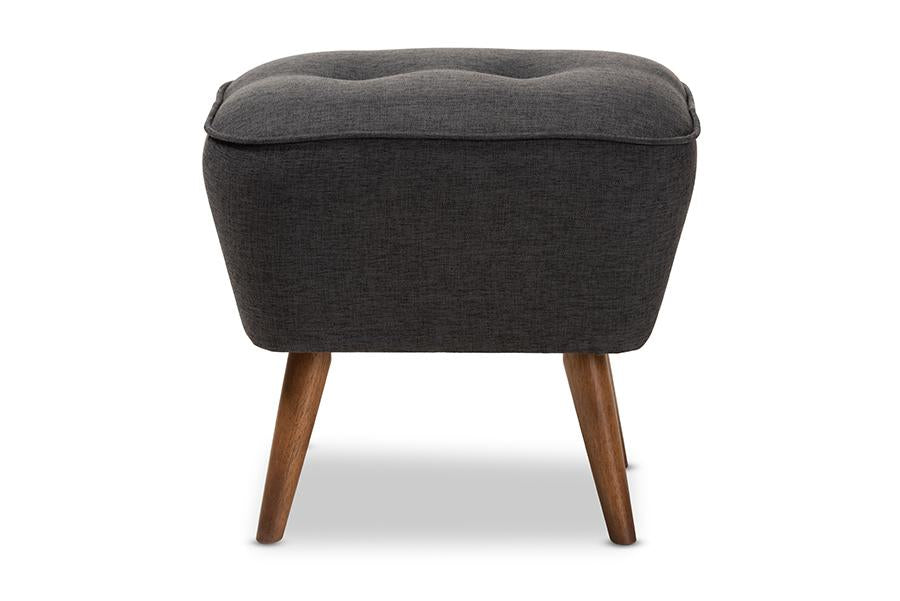 Baxton Studio Petronelle Mid-Century Modern Dark Grey Fabric Upholstered Walnut Brown Finished Wood Ottoman