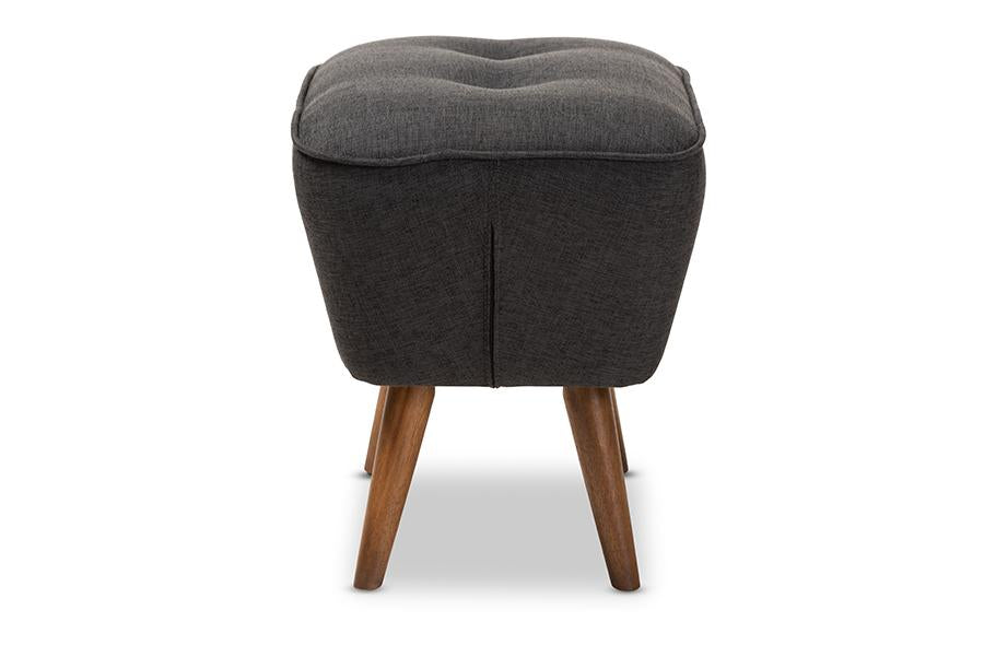 Baxton Studio Petronelle Mid-Century Modern Dark Grey Fabric Upholstered Walnut Brown Finished Wood Ottoman