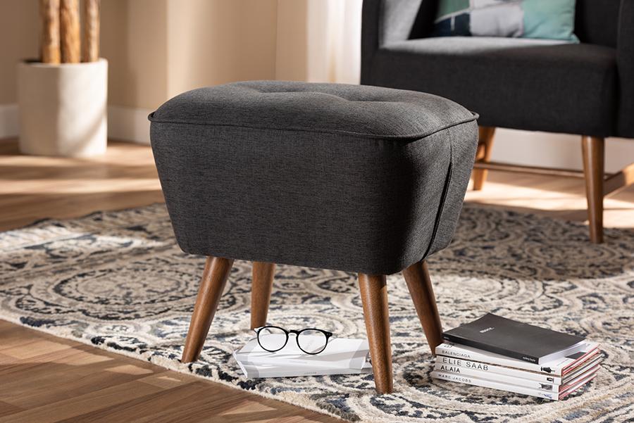 Baxton Studio Petronelle Mid-Century Modern Dark Grey Fabric Upholstered Walnut Brown Finished Wood Ottoman