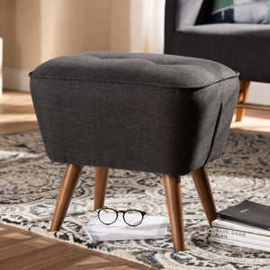 Baxton Studio Petronelle Mid-Century Modern Dark Grey Fabric Upholstered Walnut Brown Finished Wood Ottoman