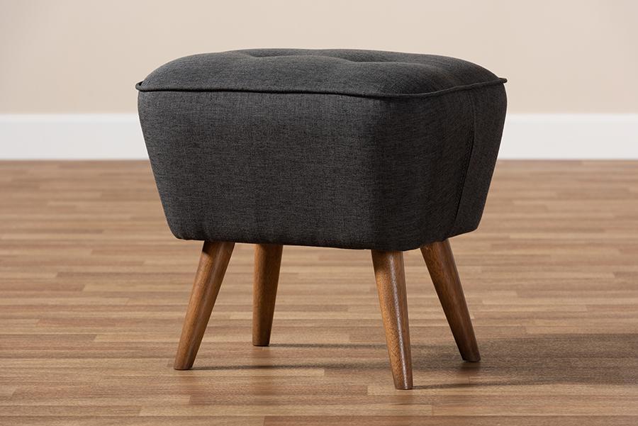 Baxton Studio Petronelle Mid-Century Modern Dark Grey Fabric Upholstered Walnut Brown Finished Wood Ottoman