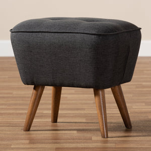 Baxton Studio Petronelle Mid-Century Modern Dark Grey Fabric Upholstered Walnut Brown Finished Wood Ottoman