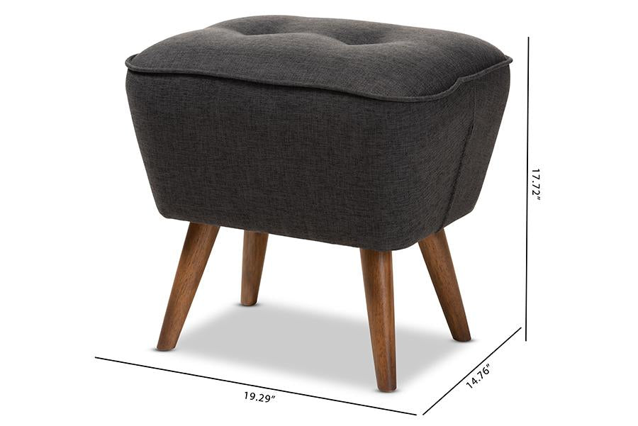 Baxton Studio Petronelle Mid-Century Modern Dark Grey Fabric Upholstered Walnut Brown Finished Wood Ottoman