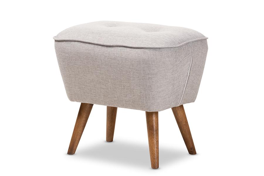 Baxton Studio Petronelle Mid-Century Modern Greyish Beige Fabric Upholstered Walnut Brown Finished Wood Ottoman