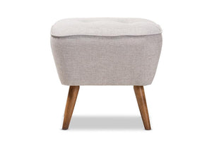 Baxton Studio Petronelle Mid-Century Modern Greyish Beige Fabric Upholstered Walnut Brown Finished Wood Ottoman